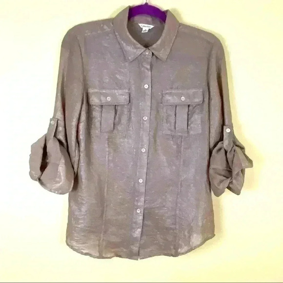 Calvin Klein Metallic Shimmer Button Down Shirt - Picture 1 of 9